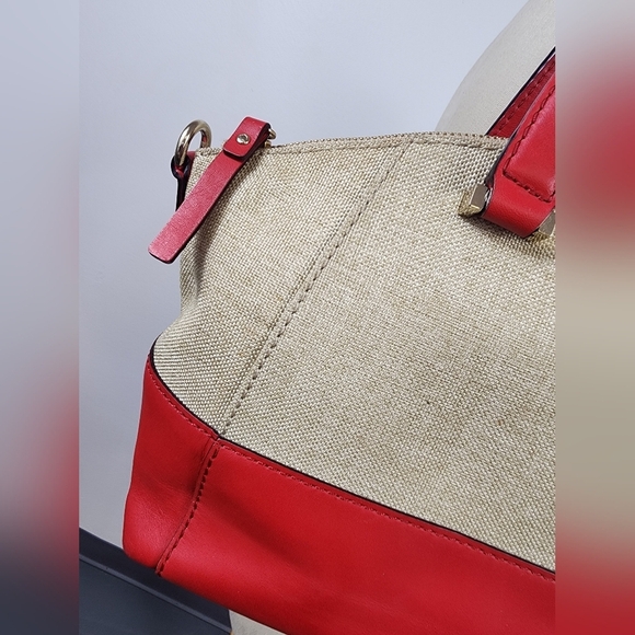 Kate Spade Red Beige Canvas Leather 2Way Crossbody Top Handle Satchel - Picture 10 of 16